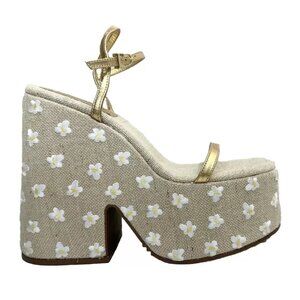$350 LARROUDE WANDA PLATFORM SANDAL GOLD LEATHER & DAISY TAN RAFFIA 7.5 (DC3)